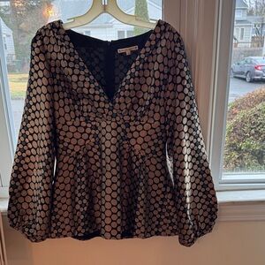 Nanette Lepore Black and Cream Polka Dot V-Neck Peplum Blouse